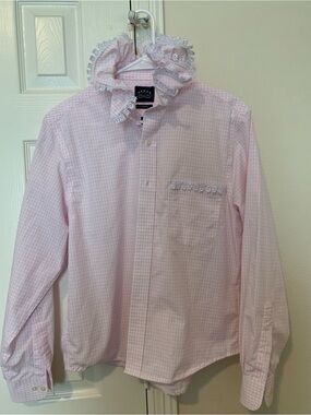 American Eagle Outfitters Light Pink Gingham Lace-Trim Button Up Blouse